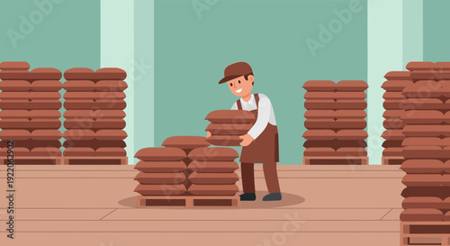 Warehouse worker carefully stacking brown bags full of goods on pallets
