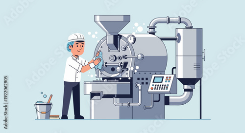 Skilled worker meticulously cleaning a large industrial coffee roaster machine at a production facility