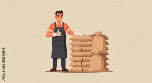 Smiling worker with thumbs up standing by stacks of storage bags in a warehouse