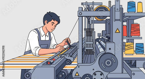 Skilled weaver operating a complex textile machine in a workshop environment