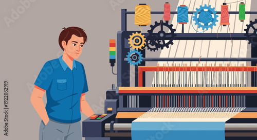 A serious factory worker observes a complex textile weaving loom in operation