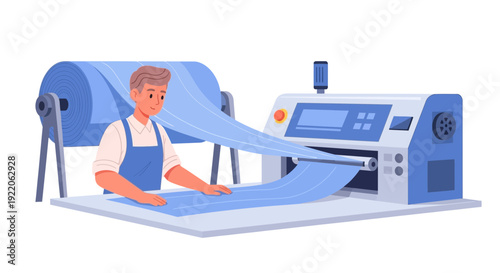 Skilled worker operating industrial textile machinery for fabric production in a factory setting