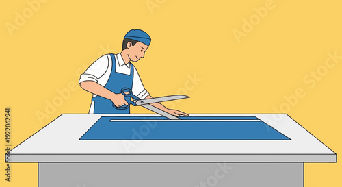 Tailor cutting blue fabric with large scissors at a table, a profession illustration.