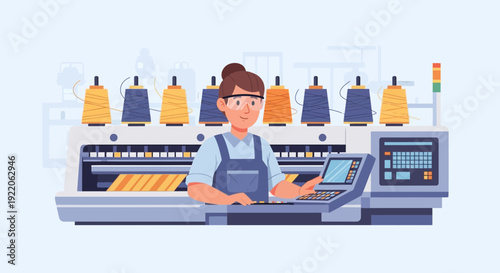 Textile factory worker operating advanced machinery with spools of thread in production line
