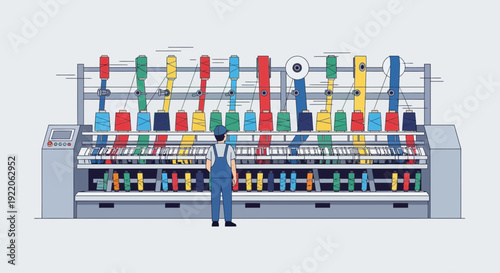 Textile factory worker observing colorful spools of thread on industrial machinery