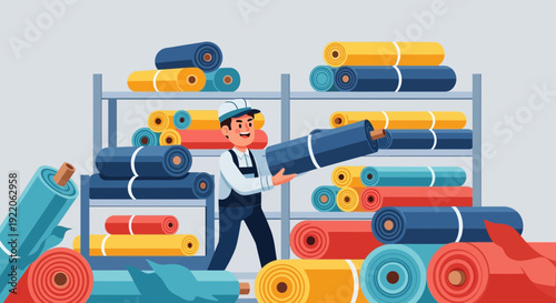 Warehouse worker handling large rolls of colorful fabric and textiles