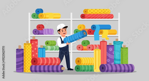 Fabric Shop Worker Holding Large Blue Textile Roll Among Colorful Stock