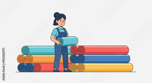 A smiling woman in blue overalls holding a rolled carpet among many colorful rolls