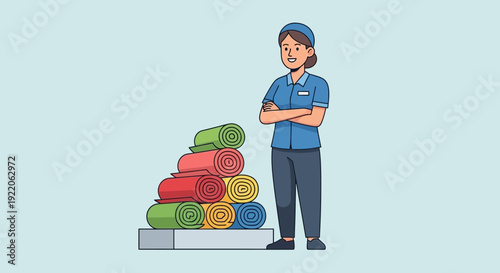 Smiling Housekeeper Standing Beside Stacked Rolled Towels