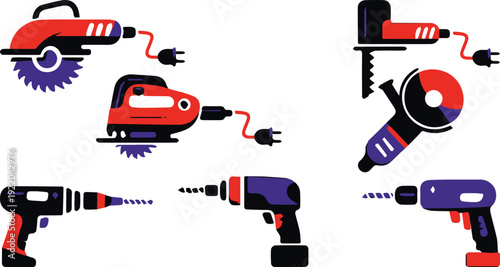 Electric power tools set, drill jigsaw grinder circular saw flat construction vector collection kit