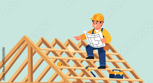 Construction worker on roof pointing at blueprint, planning house build