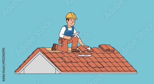 A roofer wearing a hardhat works on an orange tile roof, installing tiles with a trowel.