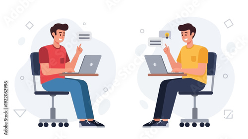 Two men collaborating on laptops, discussing ideas with speech bubbles, modern flat design