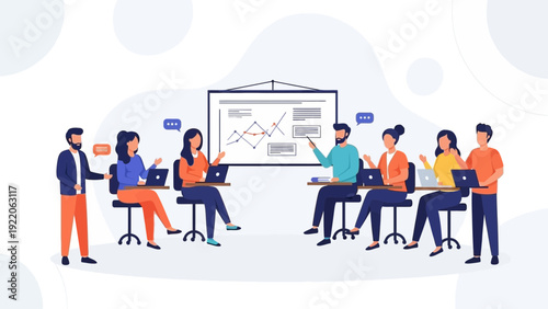 Team Meeting and Presentation with Laptops and Whiteboard