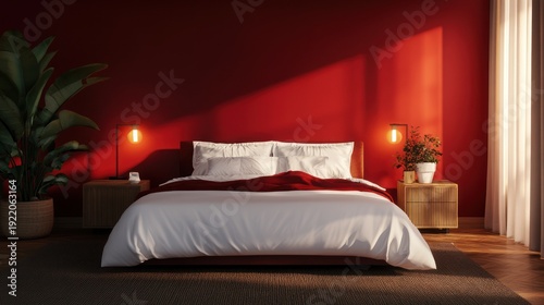 Modern bedroom interior with red walls and white bed
