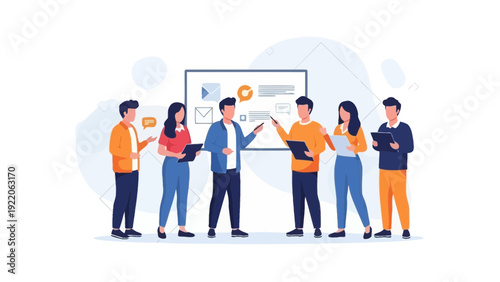 Teamwork and Collaboration: Diverse group of people discussing ideas at whiteboard