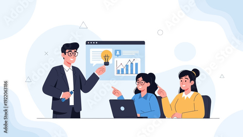 Teamwork and idea generation in business meeting, presentation with charts