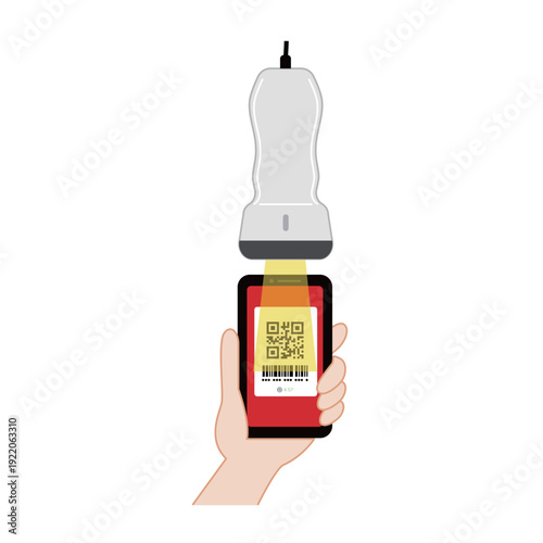 フラットデザイン | スマートフォンのQRコードを専用スキャナーで読み取る手元の動作 | 主線なしキャッシュレス決済