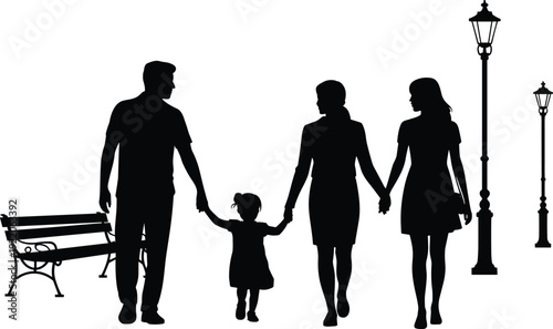 Family silhouettes walking in park, parents and child holding hands near bench and street lamps, happy lifestyle vector illustration