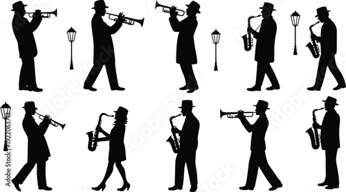 Jazz band musician silhouettes set, trumpet and saxophone players performing near vintage street lamps isolated on white background music vector illustration