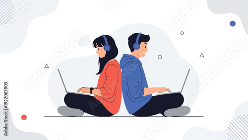 Two teens with headphones and laptops, back to back, learning and enjoying digital content