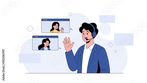 Video Conference Call with Team Members and Support Agent wearing Headset