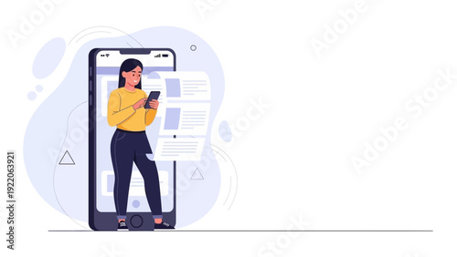 Woman browsing content on a large smartphone screen, digital lifestyle illustration