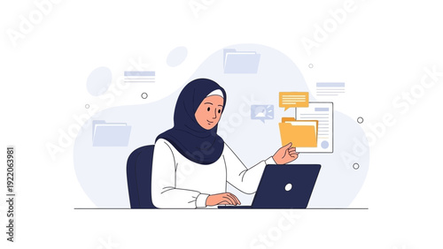 Woman in Hijab Working on Laptop with Digital Files and Folders