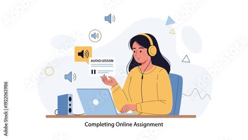 Woman Learning Online with Headphones and Laptop