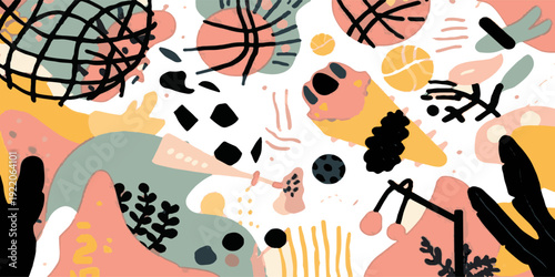 Abstract design with creative and sporty elements. Sports background with random organic scribbles, scratches, grids, and dots. Colorful flat graphic vector illustration.