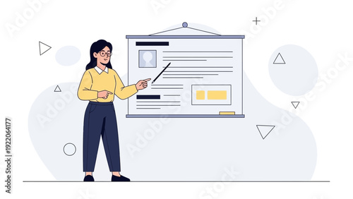 Woman teacher pointing at presentation board, teaching or explaining concept