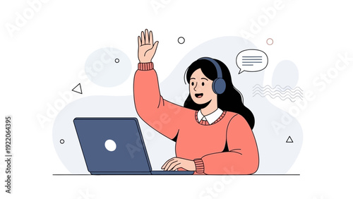 Woman with headphones raising hand in front of laptop, online learning concept
