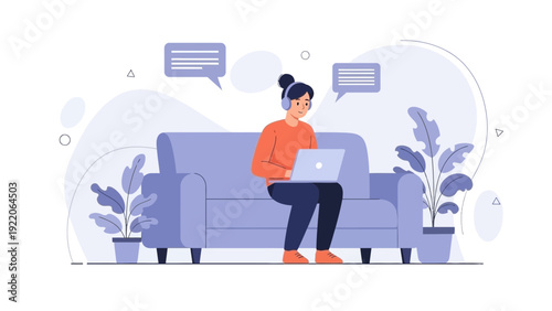 Woman working on laptop and wearing headphones on sofa, communication concept