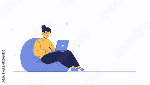 Woman Working on Laptop on Bean Bag Chair, Remote Work Concept