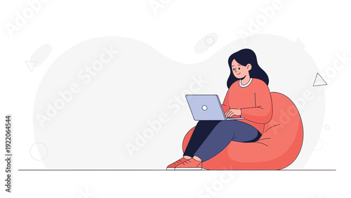 Woman Working on Laptop on Beanbag Chair, Relaxed Home Office Concept
