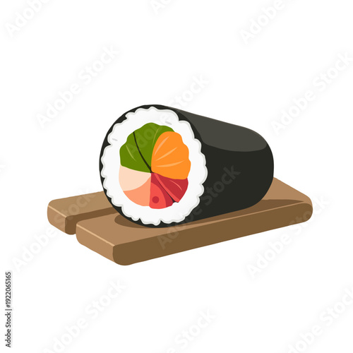 A traditional sushi roll with colorful fillings on a wooden plate isolated on white background, Vector, illustration