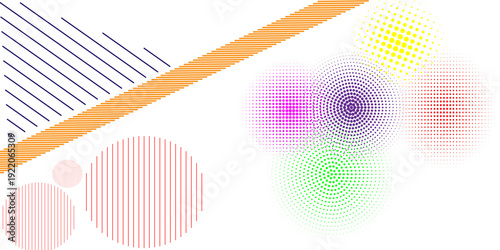 A collection of halftone circular backgrounds. Halftone shapes made from CMYK color dots. Colorful circular patterns on a white background.