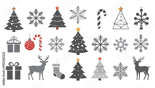 A festive collection of winter holiday icons and symbols for decorations and celebrations isolated on transparent background