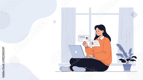 Woman working remotely on laptop with social media notifications