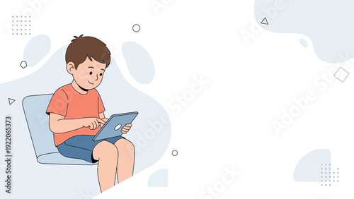 Young boy happily using a tablet computer, modern technology concept