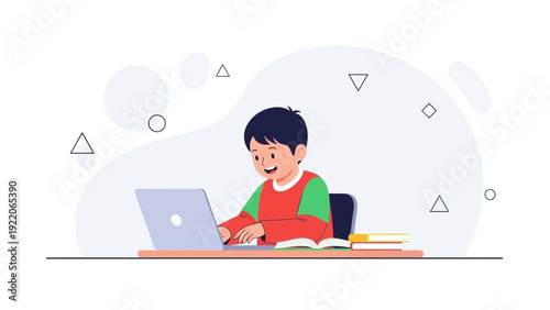 Young boy learning on laptop at desk with books, e-learning concept illustration