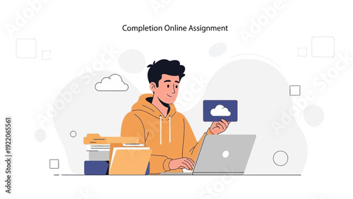 Young Man Completing Online Assignment on Laptop, Cloud Storage Concept