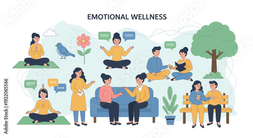 People practicing emotional wellness through meditation and social connections