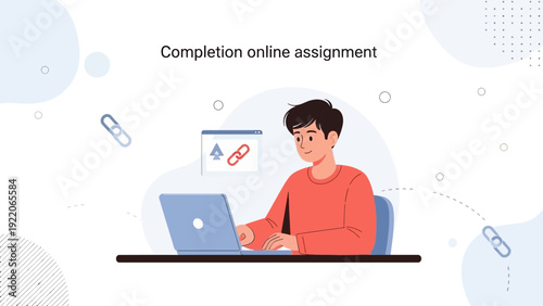 Young man completing online assignment on laptop, digital education concept