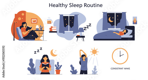 Woman practices healthy sleep routine with reading and stretching