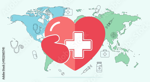 Global healthcare concept with heart and medical symbols