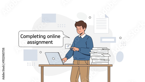 Young man completing online assignment on laptop, studying remotely, modern education