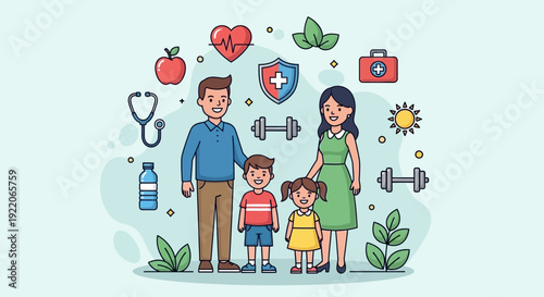 Happy family embracing healthy lifestyle with fitness and wellness symbols