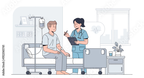 Nurse consulting patient in modern hospital room with IV drip