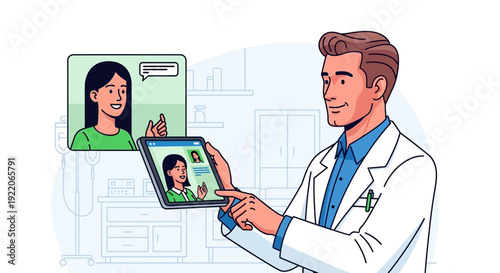 Modern telemedicine concept illustration, professional male doctor in white coat having online video consultation with female patient on tablet and laptop, digital healthcare technology, remote medica
